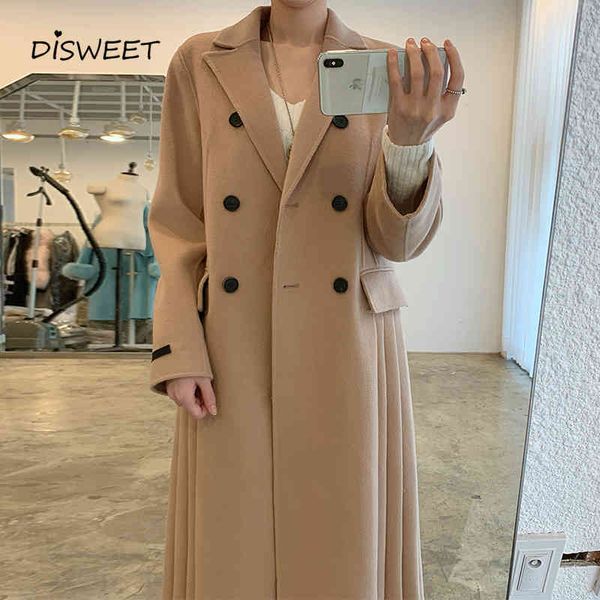 

down down solid suit collar woolen woman korean long-sleeved double-breasted long coat women simple warm slim pleated coats women's, Tan;black