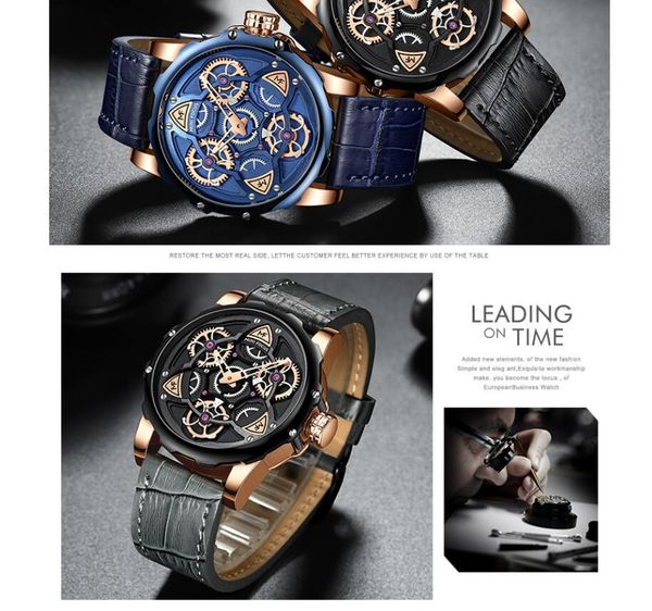 

Men Watch Brand Gear Design Quartz Men's Watches Waterproof Leather Strap Male Clock Casual Daily Fashion Relogio Masculino, Bronze