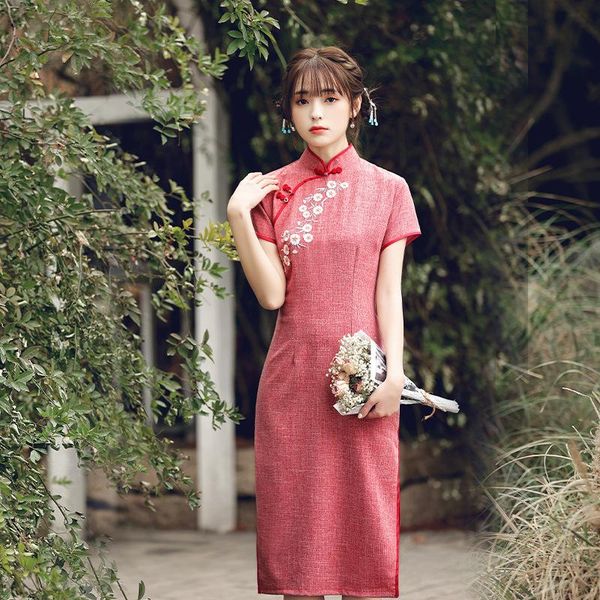 

ethnic clothing embroidery flower spring lady cotton chinese dress vintage meteor buckle slim daily qipao oversize straight cheongsam skirt, Red