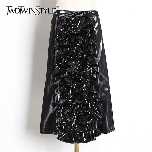 

black pu patchwork ruffle women's skirts high waist a line skirt female autumn fashion clothing 210521