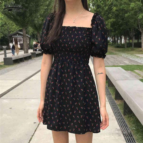 Kawai uma linha vestido boho preto mini vestidos colarinho quadrado chiffon vestido floral verano coreano retro harajuku 14386 210521