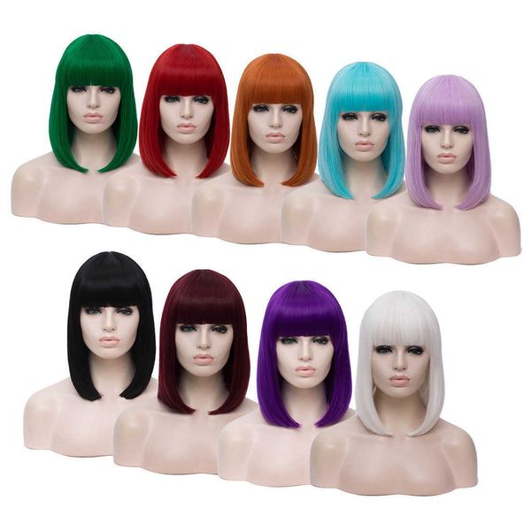 

fashion qi bangs color short straight hair halloween universal wig, Black