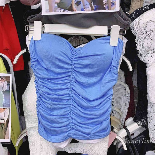 

camis summer women's bra shirt with pad tube pleated slim-fit wrapped chest outer wear tanks, White