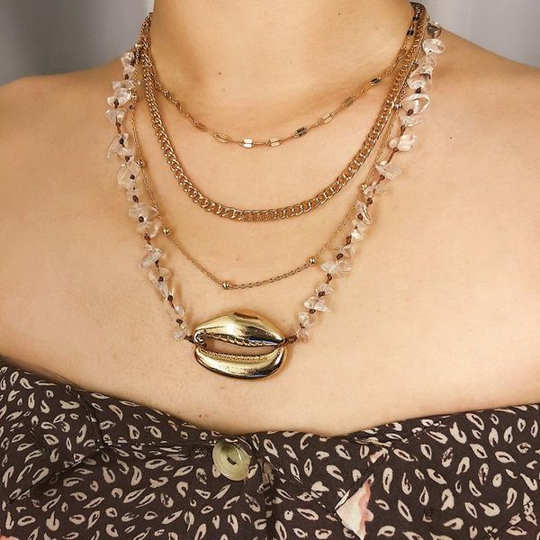 

pendant necklaces exaggerated multilayer clear natural stone beads big sea shell for women vintage beach necklace jewelry kolye, Silver