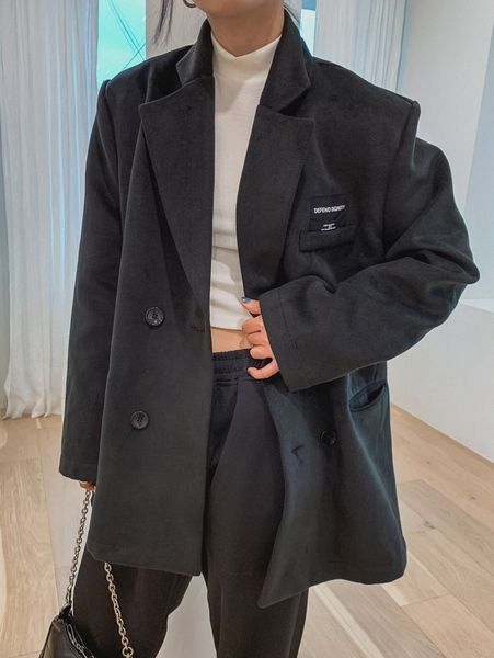 

dazy slogan patched detail double breasted overcoat 90ro#, Black