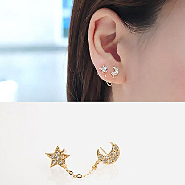 

stud 2pcs personality vintage two piercing one side chain crystal rhinestone moon star ear cuff for double hole earrings jewelry, Golden;silver