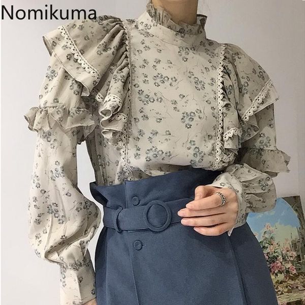

nomikuma vintage floral women blouse korean lace patchwork ruffle stand neck shirt 2021 long sleeve pullover blusa 6d336 women's blouse, White