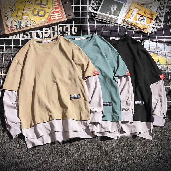 

korean round neck long sleeve t-shirt trend loose cotton fake two men's sweater bottom shirt, White