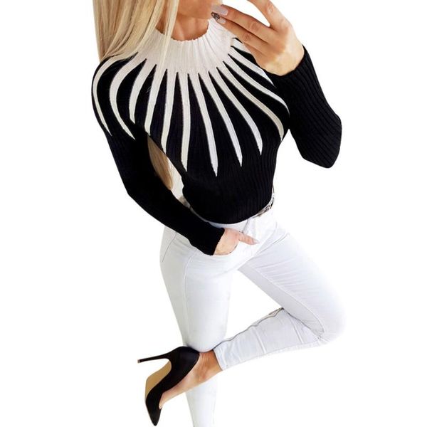 

women's sweaters women warm long sleeve sweater autumn high neck color patchwork casual knitwear nin668, White;black