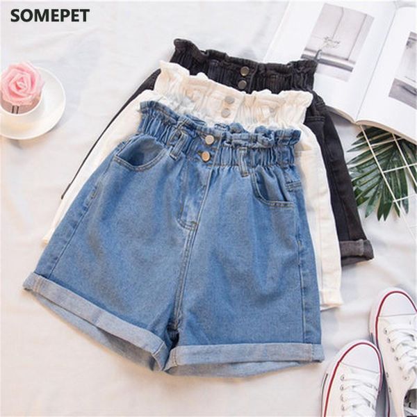

women's shorts plus size summer black denim large 5xl harem ruffle white high waisted elastic waist jeans for women, White;black
