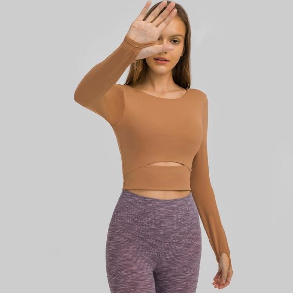 

yoga outfit cutout pad long sleeve crop pullover women o neck plus size fitness workout sport jersey with built in bra wear