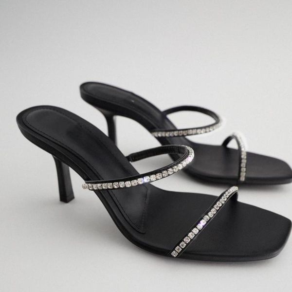 

women rhinestone slippers sandals heels square toe ladies high-heeled sandals new, Black