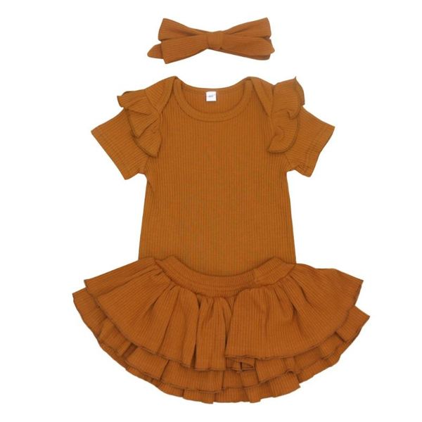 

clothing sets baby girl summer cotton born suction pit strip flying sleeve climb + short skirt hair band 2021 ins, White