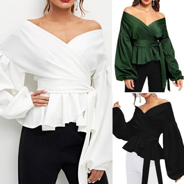

summer white office lady elegant lantern sleeve blouse off shoulder solid color female and shirts women's blouses &