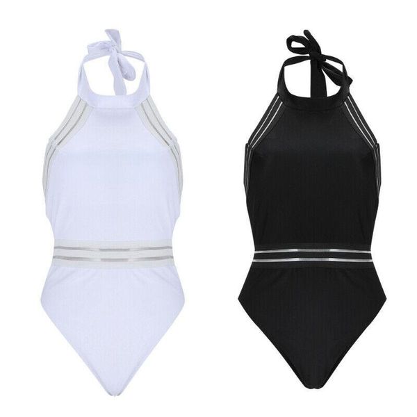

women monokinis halter off shoulder padded beach swimming bodysuit mesh summer fancy pool maillot de bain white black one-piece suits