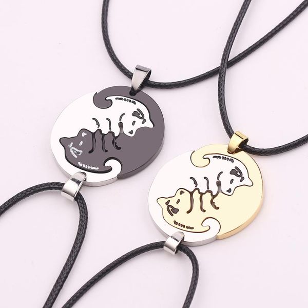 

chains yellow black white 3 colors dog hug stainless steel round pendant necklace puzzle jewelry couples chain for valentine's day gift, Silver