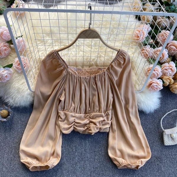 

women's blouses & shirts 2021 time-limited lycra square collar appliques full puff sleeve satin zanzea vadim pure color blouse for wome, White