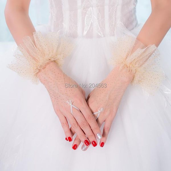 

bridal gloves short wedding party fingerless tulle wrist sequined, White