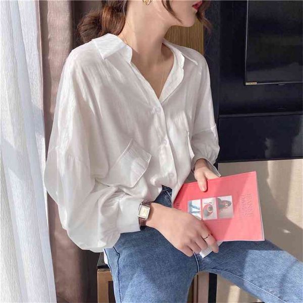 

summer korea fashion women long sleeve chiffon white shirts all-matched casual turn-down collar blouses femme s703 210512