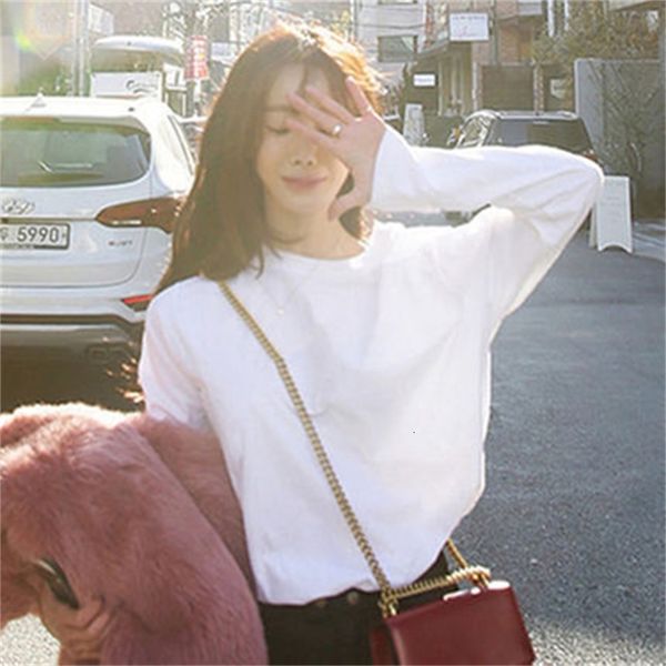 

women's tees t-shirt 2021 spring and autumn white t-shirt women's long sleeve loose korean solid color round neck with cotton bot