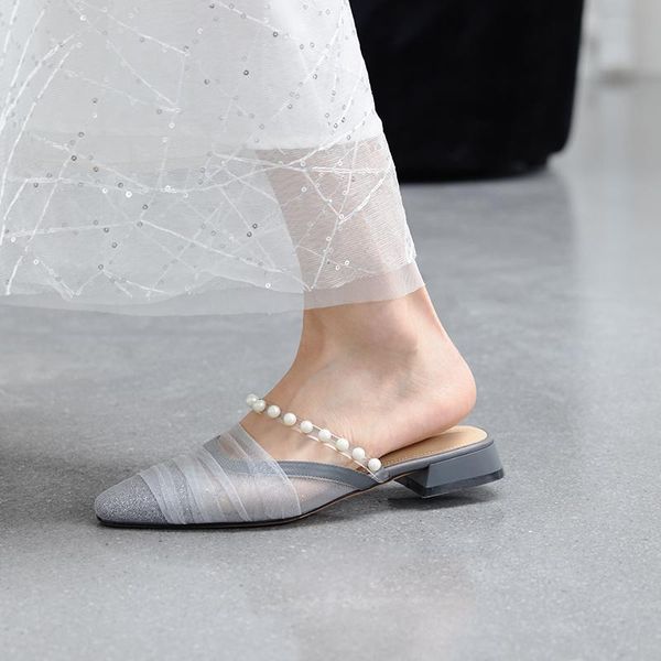 

slippers women's mesh string bead slides low heel lady shoes pearl fashion pointed toe sandals women flip flops zapatos de mujer, Black