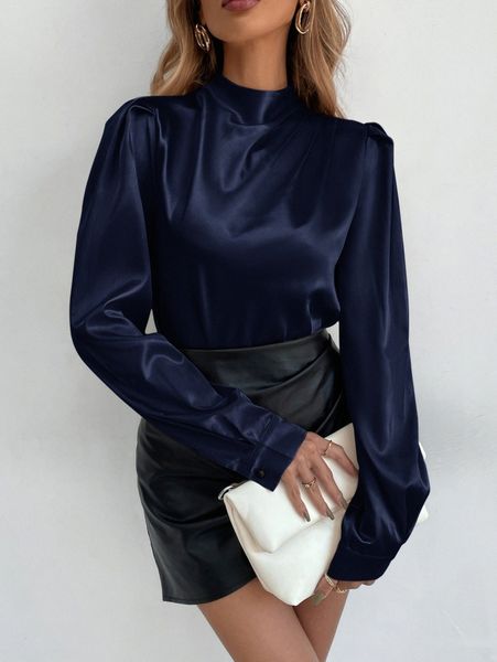 

satin mock neck puff sleeve blouse 92uw#, White