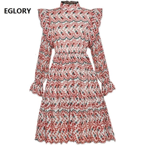 

dresses hollow out embroidery spring party event women stand neck ruffle floral deco long sleeve big swing red green, Black;gray