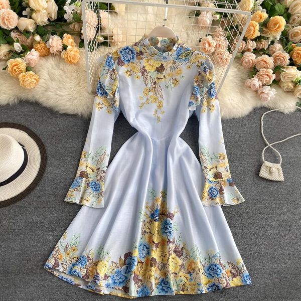 

vintage floral print women dress elegant flare sleeve stand collar ruffles slim a-line midi party autumn chic casual dresses, Black;gray