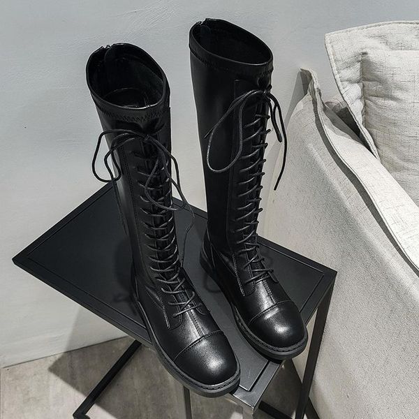 

boots big size 43 women's knee-length 2021 fashion lace-up high comfortable non-slip platform pu leather botas mujer, Black