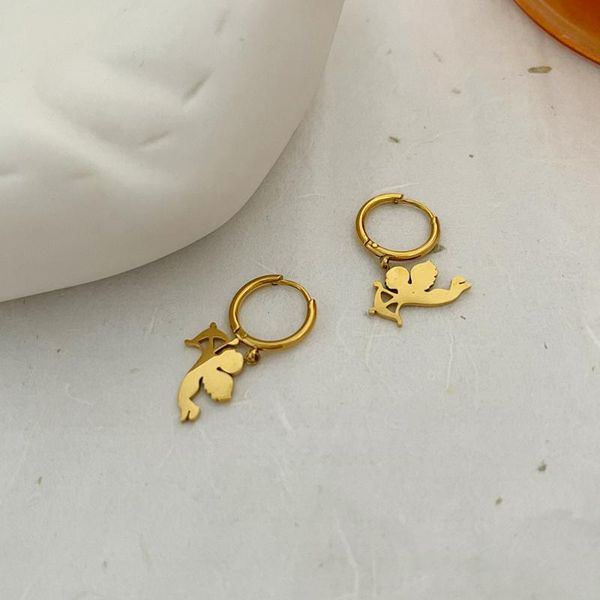 

hoop & huggie monlansher cute cupid little angel earrings gold color titanium steel metal for women exquisite jewelry, Golden;silver