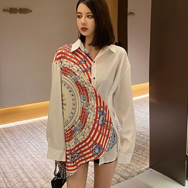 

plus size fashion women's blouses shirts 2021 spring half printing blouse long sleeve turn-down collar shirts blusas mujer 210317, White