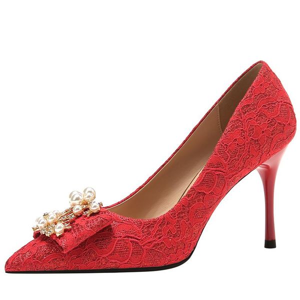 

dress shoes 2021 fashion thin high heels shiny lace pearl shallow mouth pointed plus size 41 42 43, Black