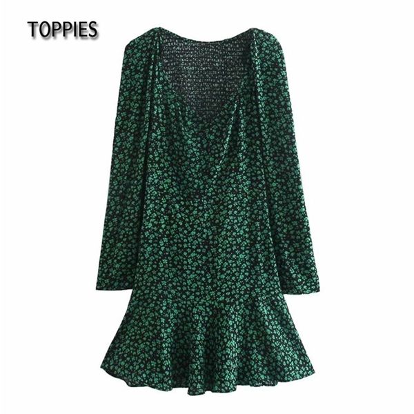 

green flowers printing slim mini dresses deep v-neck dress spring summer clothes long sleeve 210421, Black;gray
