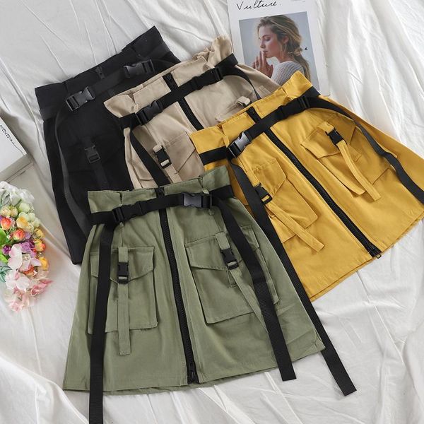 

skirts high waist women spring summer fashion korean black zipper a-line package hip mini skirt with belt plus size saia femal
