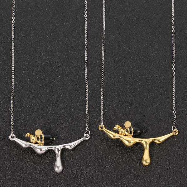 

cute gold color bee and dripping honey pendant necklace handmade chain necklaces choker jewelry for women gifts, Silver