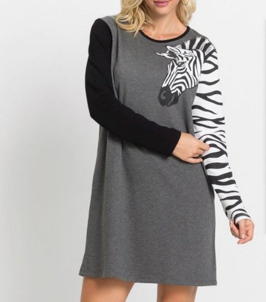 

casual dresses women autumn long sleeve mini dress animals zebra print o neck loose basic spring funny short homewear pajama, Black;gray