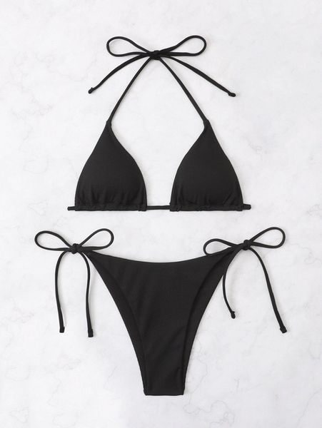 

halter triangle tie side bikini swimsuit e4oz#, White;black