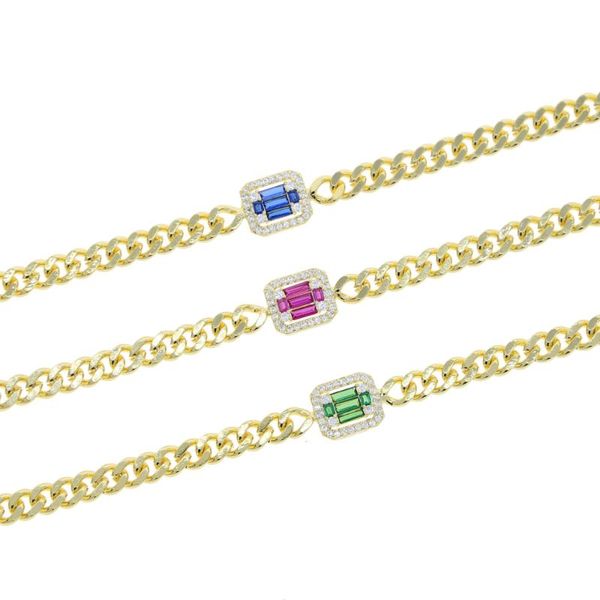 

link, chain gold color geometric cz square cubic zirconia paved cuban link for women white blue green red colorful bracelet jewelry, Black