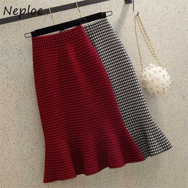 

neploe high waist hip knit mermaid skirt women vintage plaid temperament jupe femme spring winter slim faldas mujer 211214, Black