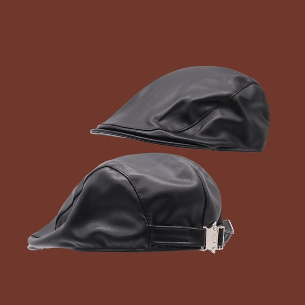 

ancient vintage ~ leather metal mechanical tower buckle forward hat, trendy men women wear berets duck tongue hats, Blue;gray