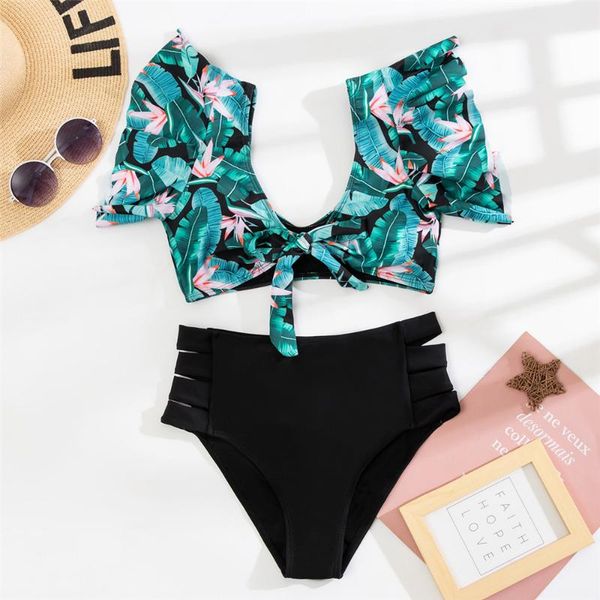 

women's swimwear high waist bikini 2021 ruffle women print swimsuit push up bikinis plus size bathing suits floral beach wear, White;black