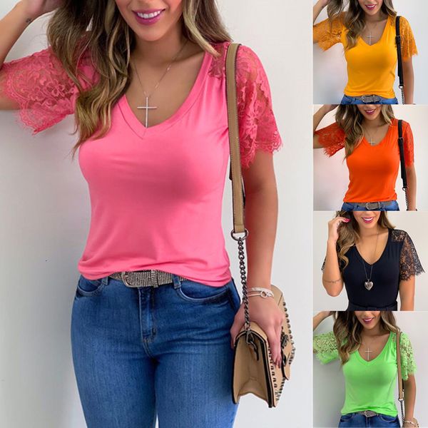 

spring and 2021 summer new women's lace short sleeve stitched t-shirt, White