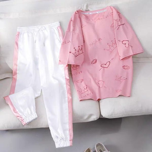 

women's two piece pants 2021 fashion summer women sweatpants loose casual two-piece set all-match elastic waist bloomers + pink short s, White