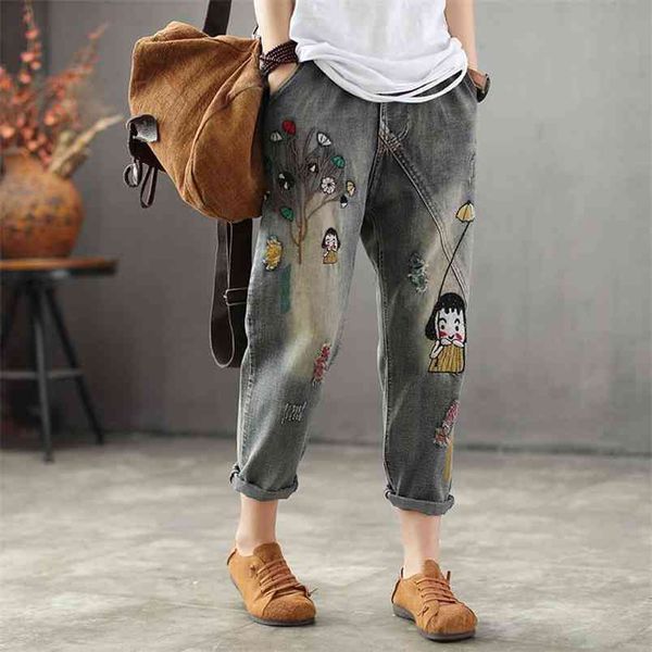 

spring fashion women jeans elastic waist loose embroidery cotton denim harem pants casual vintage patched d109 210512, Blue