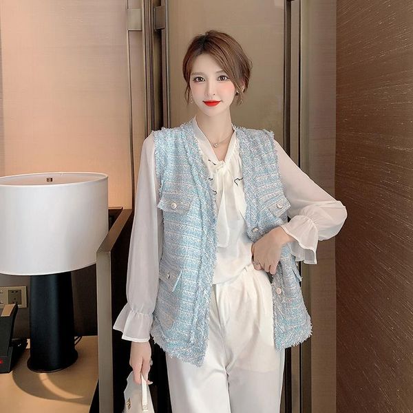 

women's vests autumn sleeveless tassel tweed vest jacket fashion women pocket v-neck coat lady loose korean, Black;white