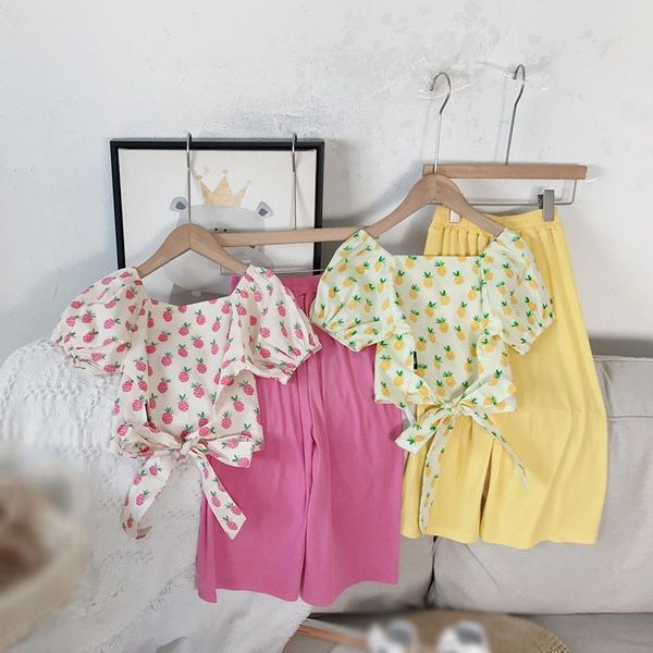 

summer girls princess set korean sweet strawberry square neck bubble sleeve bandage shirt solid trousers kid clothing suit sets, White