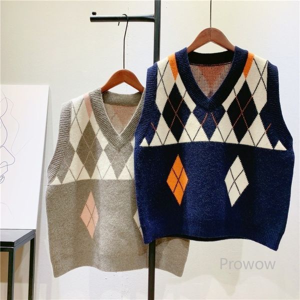 

knits contrast argyle sweater women spring autumn knitted vest students fashion v-neck sleeveless pullover, White