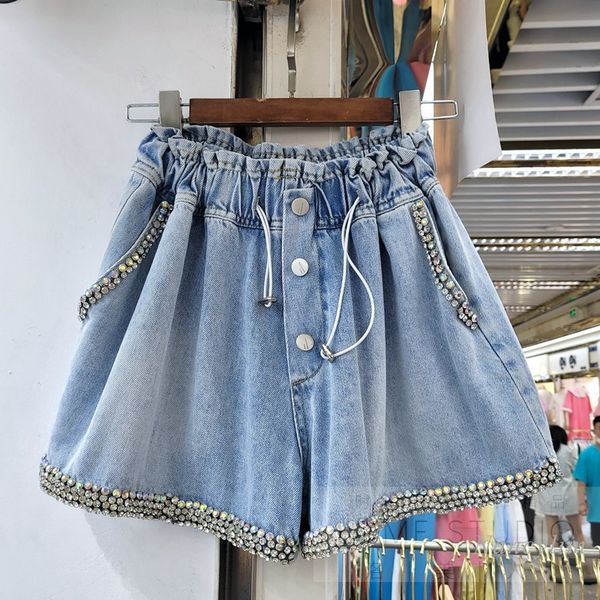 

village denim shorts women summer exquisite rhinestone beaded high waist slimming wide-leg pants nancylim, Blue