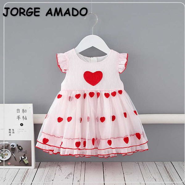 Yaz Çocuk Kız Elbise Aşk Kalp Kısa Kollu Örgü Prenses Bebek Tatlı Stil Giysileri E9255 210610