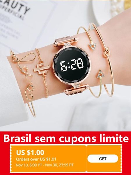 

wristwatches 5pcs set bracelet watch women luxury digital magnet rose gold stainless steel led quartz watches relogio feminino drop, Slivery;brown